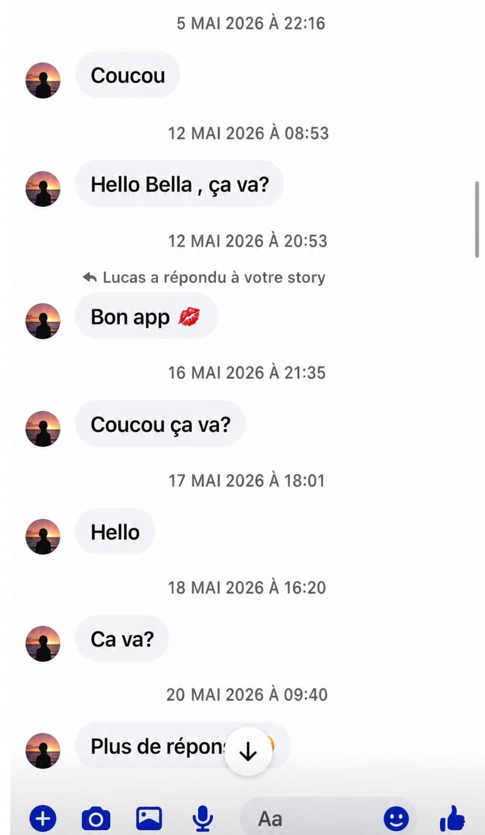 Capture d’une conversation montrant plusieurs relances restées sans réponse